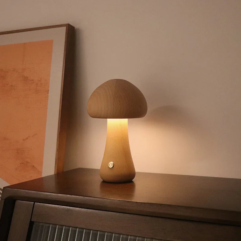 Lampe LED en bois style champignon