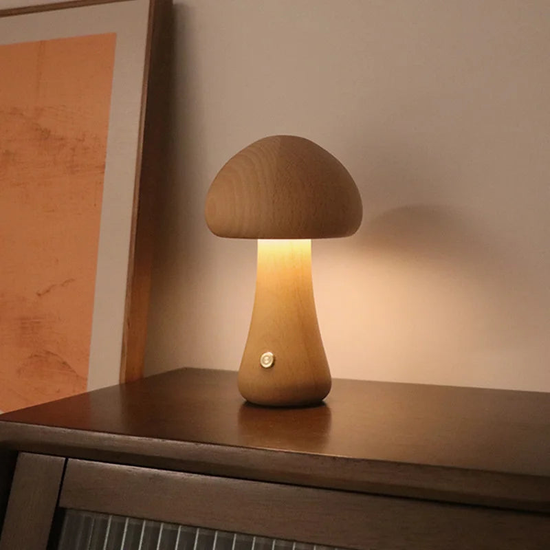 Lampe LED en bois style champignon