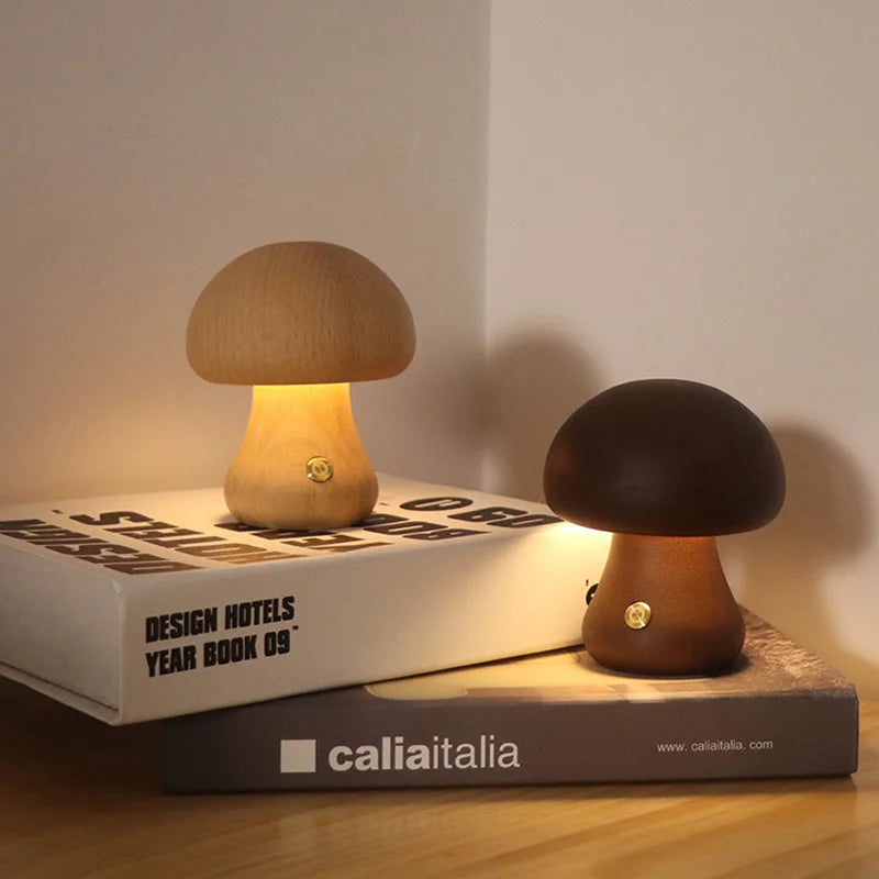 Lampe LED en bois style petit champignon